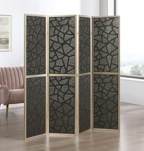 Roundhill Furniture Aurra 4-Panel Wood Room Divider, Folding Portable Partition Screen, Black Screen with Gold Frame - color: Black Screen/Gold Frame