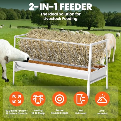 92 Gallon Steinless Steel Goat Hay Feeder，2-in-1 Design with 62 Gal Top Hay Feeder and 30 Gal Base Trough，Corrosion Resistant Livestock Feeder for Barns, Pastures, Farms