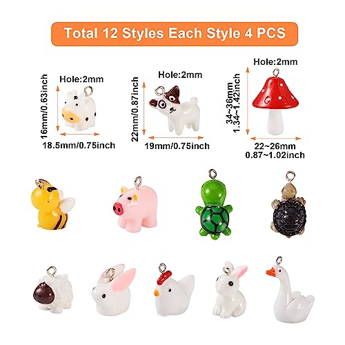Beadthoven 48pcs 12 style Animals Resin Charm Pendants 3D Mini Mushroom Pig Bee Turtle Cow Sheep Chicken Goose Dog Rabbit Farm Dangle Charm Beads for DIY Earring Necklace Keychain Jewelry Making - color: 0Mixed-12 Shape