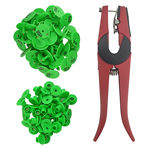 WMYCONGCONG 100 Sets Livestock Ear Tags Identification Tags Round Shape 1-100 Numbered with 1 PCS Pliers Applicator for Goats Sheep Pigs Dogs Green