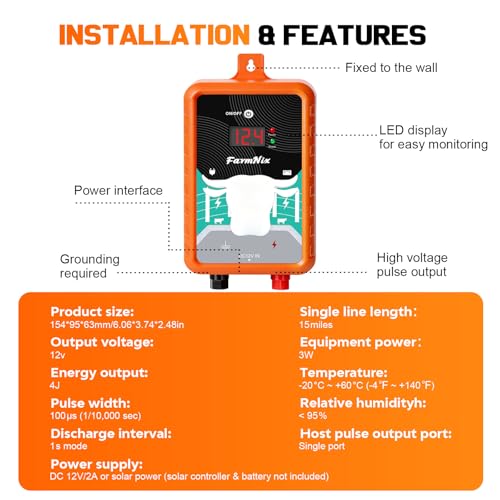 12KV DC AC Powered Electric Fence Charger, 15 Miles 4 Joules, LED | LED Indicator Light, High Power Pulse Energy, Waterproof, for Livestock,Farm Animals, Pets, Poultry, Ranches and Gardens - color: Orange