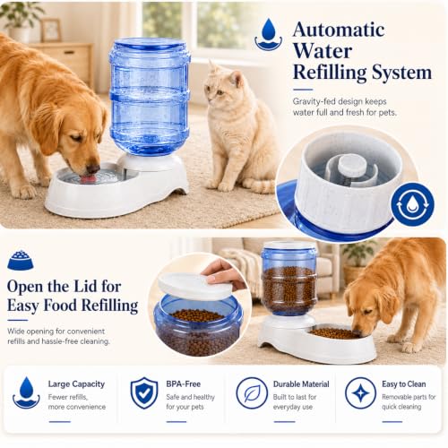 Automatic Dog Feeder and Water Dispenser Set for Large Dogs, 3 Gallon Gravity Dog Cat Food and Water Dispenser Set with Pet Food Bowl,Large Pet Food Water Dispenser Station - size: 3 Gallon Set