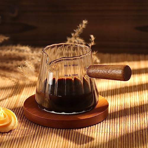 Joeyan 6 oz Glass Measuring Cups with Spout,Borosilicate Glass Triple Pitcher with Scale,Origami Style Espresso Shot Glasses with Wood Handle for Coffee Milk,Dishwasher Safe - color: 6 Oz Single Spout Clear Measuring Cup