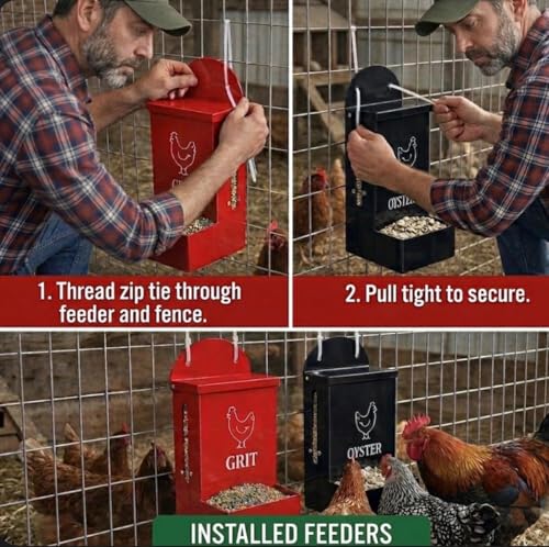 Premium Metal2 Packs Oyster Shell Feeder for Chicken with Lid Viewing Window Dual grit Feeder Grit Oyster rain Cover Duck Feeder Chicken Coop Accessories Improve Eggshell Quality and Hen Health
