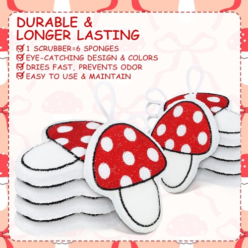 12 Pcs Red Mushroom Sponge Dish Scrubber Dual Sided Non Scratch Dish Washing Scrubbers Reusable Household Cleaning Kitchen Tools for Dishwashing Washing Dishes Cookware Tubs Sinks - style: Red Mushroom