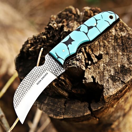 Custom Handmade 7'' fixed blade hoof rasp Hawkbill fixed blade Knife Electricians Knife Lineman’s Hawkbill knife, with pancake leather sheath (FAROZI) - color: FAROZI