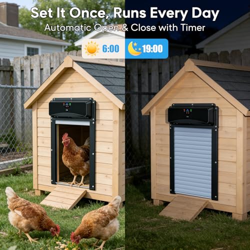 Automatic Chicken Coop Door with Remote Display, Solar Powered Roll-up Chicken Door, 393ft Long-Range Wireless Monitor, Anti-Pinch Auto Coop Door, Predator Protection Motion Sensor, No WiFi Needed