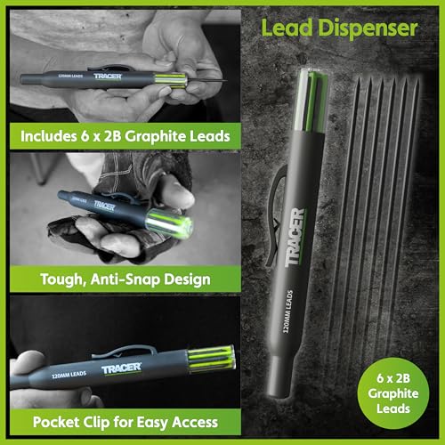 Tracer Complete Deep Hole Marking Kit - Includes Double-Tipped Long Head Deep Hole Permanent Marker and Deep Hole Construction Pencil with 6 Replacement Lead Dispenser Site Holster | Deep hole construction pencil, double-tipped permanent marker, 6 replace