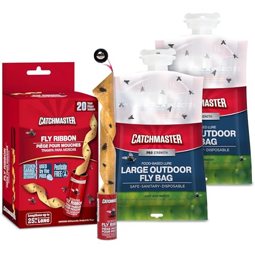 Catchmaster Fly Trap Bundle, Fly Bag 2-Pack & Fly Ribbon 20-Pack, Fruit Fly Traps for Indoors & Outdoors, for Garage, Backyard, Pool, Patio & Camping