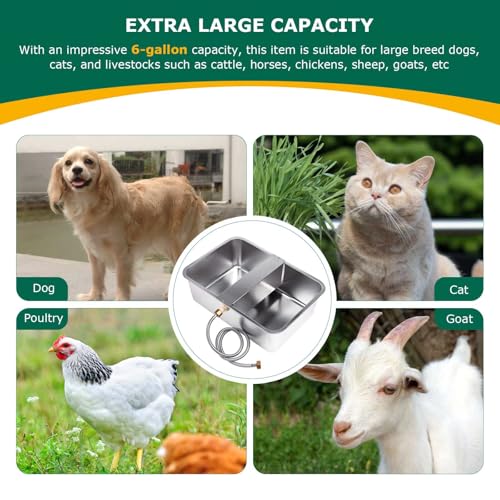 6 Gallon Automatic Dog Water Bowl Dispenser Outdoor Dog Waterer | Stainless Steel Outside Extra Large Self Filling Auto Water Bowl for Dogs Cats Pets Livestock Chicken