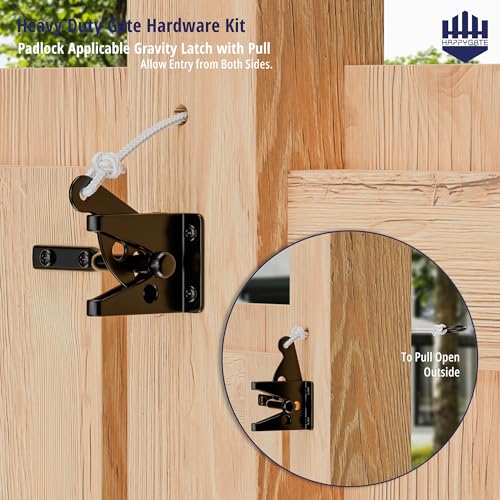 HAPPTGATE Heavy Duty Fence Gate Hardware Kit, 6in Gate Hinges and Latch Set | Heavy duty gate kit for wooden fence with self locking gate latch, 6in t-strap gate hinges, door pull handle for vinyl fence