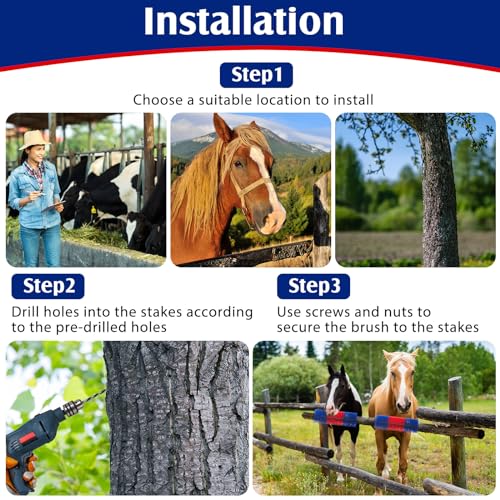 3 Pack Livestock Scratching Brush, Blue and Red | Animal Scratcher, Itch Relief Grooming, Horse Goat Cow Scratcher, Fence Post Mounting, Durable Bristles, Farm Livestock Care - color: Blue and Red