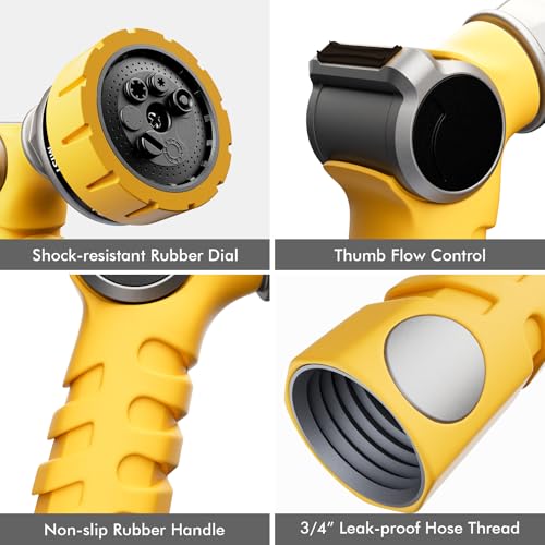 RESTMO Heavy Duty Hose Nozzle, Metal Garden Water Hose Sprayer | 7 Watering Patterns, Thumb Control, On Off Valve, Leak Proof Nozzle Sprayer for Watering Plants, Car & Pet Washing, Yellow - color: Yellow