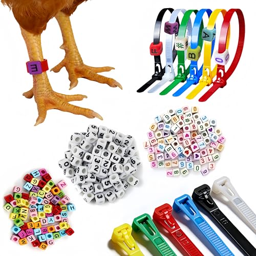120 Pcs Chicken Leg Bands with Number & Letter Charms, Poultry ID Bands | Adjustable Poultry Identification Kit with 6 Color Bands and 300 Number & Letter Charms for Chicken, Duck, Turkey & Goose