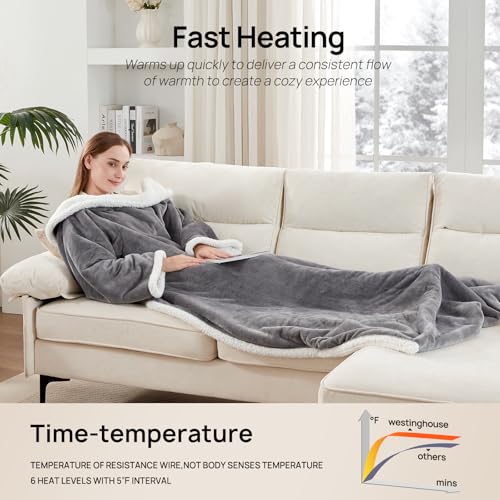 Westinghouse Wearable Heated Blanket with Foot Pocket, 50x70+18 Light Grey | Electric Snuggle Throw with Foot Pocket, Flannel Sherpa 6 Heating Levels & 2-10 Hours Auto Shut Off, Home Office Use - color: Light Grey&ivory, size: 70*50" Heated Snuggle Blanke