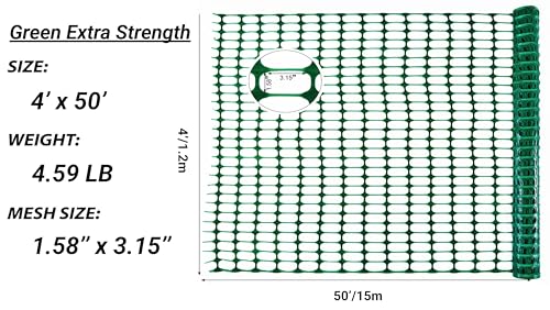 PotatoLife Green Plastic Garden Fence, Extra Strength, 4'x50' | Temporary HDPE Fence for Construction, Landscape, Snow, Animal & Pet Barrier, Easy to Install, Cut to Size, with 50 Zip Ties - color: Green, size: 4' x 50'