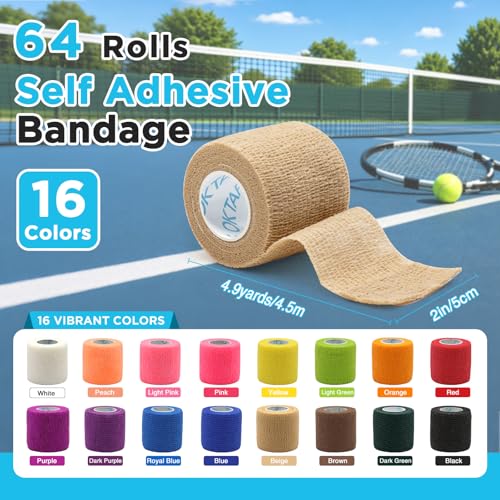 OK TAPE Self Adhesive Bandage Wrap 2 Inch x 5 Yds 64 Rolls - White | Elastic Cohesive Bandage Wrap Supports Wrists & Ankles Without Clips Ideal for Sports First Aid Vet care - color: White, size: 2inx5yds