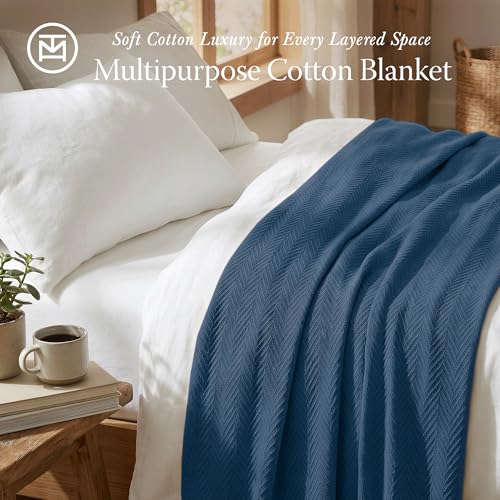 Threadmill Luxury Cotton Blankets for Twin Size Bed | All-Season 100% Cotton Twin Blanket for Bed | Herringbone Soft & Cozy Fall Thermal Blanket, 350GSM, 68x92 inches | Folkstone Blue | All-Season Thermal Throw Blanket, Soft & Breathable, Cozy Moisture-Wi