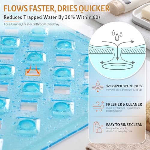 Yimobra Bathtub Mat Non Slip, Super Strong Suction Cups, 28"X16" Long Shower Mat with Drain Holes, Machine Washable Fast Draining Bath Mats, Bathroom Essentials,Clear Blue - color: Clear Blue, size: 27.5 X 15.5 Inch