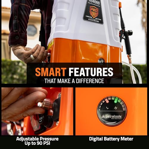 PetraTools HD4000 Battery Powered Backpack Sprayer, 8 Hr Runtime, 9 Nozzles | Electric Sprayer for Lawn & Garden w/ Battery Meter, Adjustable 90 PSI & Padded Straps - For Weed/Pest Control, Fertilizing - style: HD4000 Pro Series