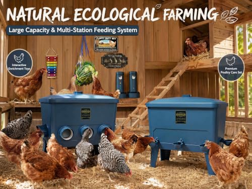 ZINZINULER Large Automatic Port Chicken Feeder and Cup Waterer Set - Chicken Coop Accessories, No Waste Poultry Feeder, 9 Gallon/50 Pounds (Cyan)