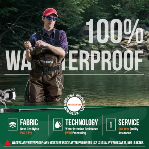 HUNTSEN Fishing Waders for Men Women - 2-Ply Nylon/PVC Waterproof Hunting Chest Waders with Boot Hanger&Phone Case, Size9-13 - color: Brown, size: 9