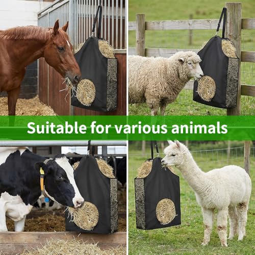 Hay Bags for Horses – 600D Oxford Hay Bag with Adjustable Strap & Metal Ring, Hanging Hay Feeder for Goats, Sheep, Donkeys, and Cows, Black (2-Pack)