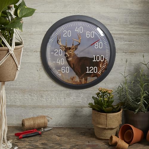 Taylor White Tail Deer Large Indoor Outdoor Dial Thermometer, Wireless Thermometer with Easy to Read Large Numbers for Patio, Pool, Garden or Garage, and Indoor Areas, 13.25-inch, White Tail Dee, Blue - style: White Tail Deer