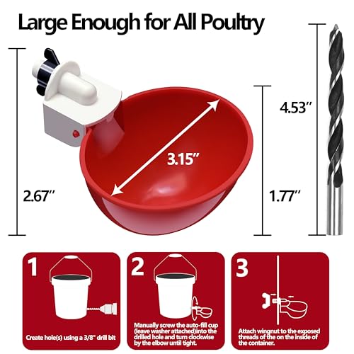 8pack Large Poultry Waterer, Professional Chicken Water Cups for Poultry LANARP Float Style Gravity Chicken Watering System, Tee Fittings Poultry Waterer Suitable, with Mounting Hole Opener (8)