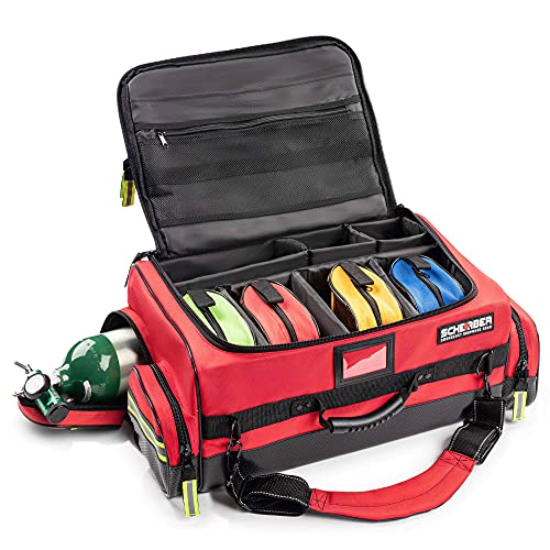 Scherber Fully-Stocked Premium First Responder Bag | HSA/FSA Approved | Large Pro EMT/EMS Trauma, Bleeding & Oxygen Medical Kit | CAT Tourniquet, HyFin Chest Seal & 250+ First Aid Supplies (Red) - color: Red