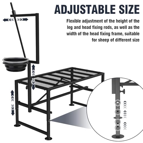 600 LBs Goat Stand with Feed Bin, Goat Milking Stand for Sheep Trimming and Milking, Hoof Trimming Stand Adjustable Size, with Feeder, Iron Black - color: Black, size: L - 47 inch