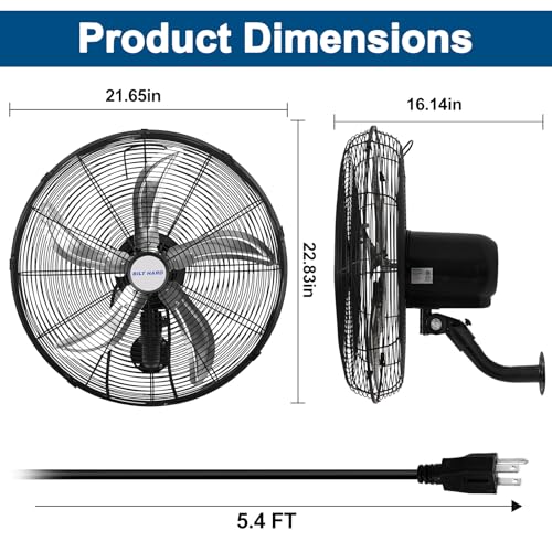 BILT HARD 20" Oscillating Wall Mount Fan, 3-Speed 5900 CFM High Velocity Wall Mounted Fan with Wired Remote, Heavy Duty Industrial Wall Fan for Commercial, Garage and Warehouse - size: 20 in.