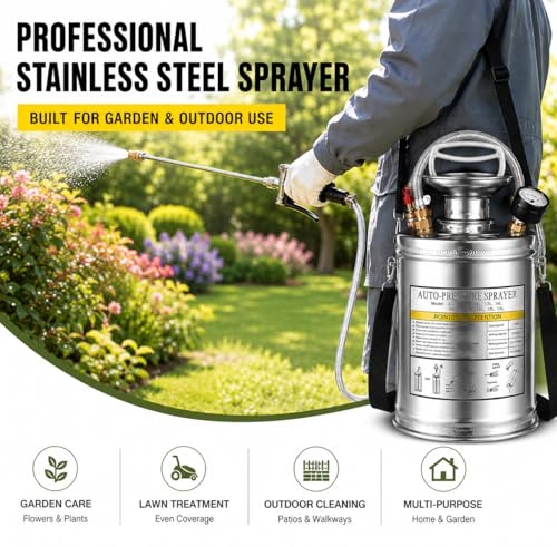 Stainless Steel Sprayer 3 Gallon - Steel Hand-Pump Sprayer, with 3.3-inch Reinforced Hose - Garden Sprayer for Home, Gardening, Ground Cleaning(3Gallon) - style: 3 Gal