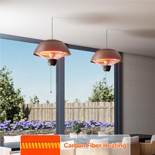 Electric Outdoor Heater, 1500W, Brown | Hanging Ceiling Mounted, Infrared Patio Heater, Waterproof, For Porch, Balcony, Garage, Adjustable Height - color: Brown