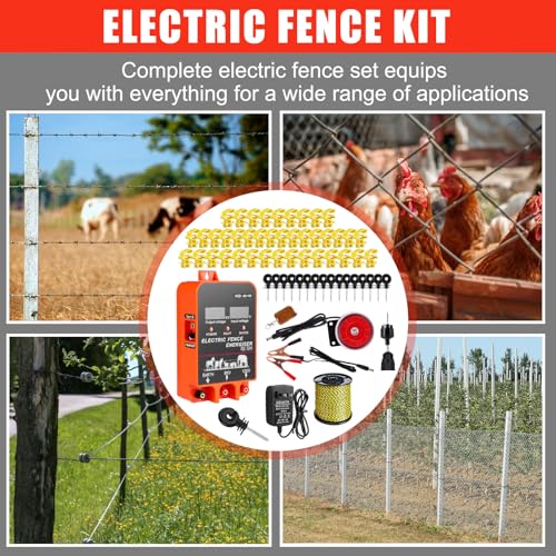 5.5J Electric Fence Charger with Display and Alarm, AC/DC Dual Power, 12V Input 8KV/12KV Output, 3366 ft Polywire, 40 T Post Insulator, 20 Screw-in Insulator for Cattle Cow Livestock Farm