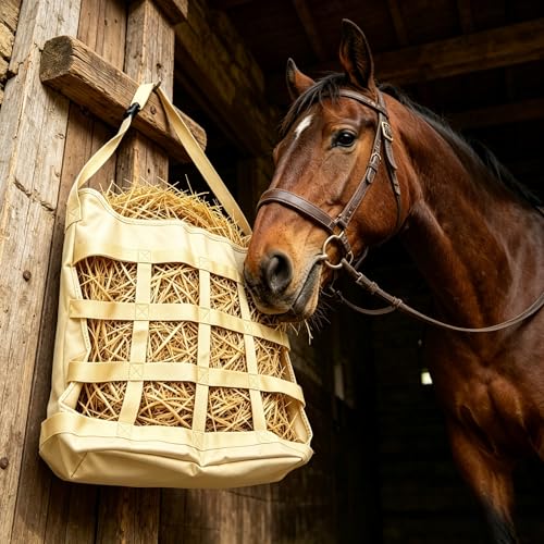 Slow Feed Horse Hay Bag, Heavy Duty Polyester Single Side Feeding Hay Pouch, Easy Hanging Feed Bag for Horse Stall and Trailer