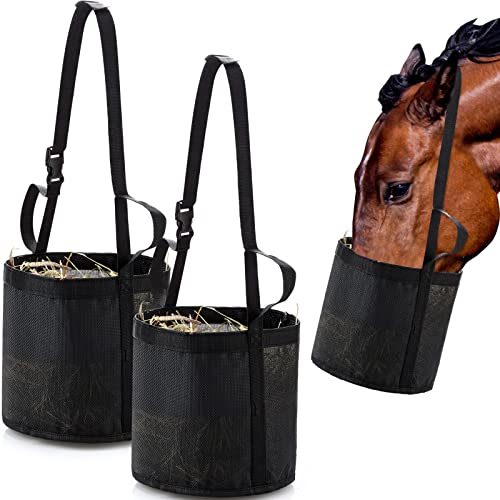 2 Pcs Horse Feed Bag, Heavy Duty Mesh Feeder with Adjustable Strap, Black | Hay Bag, Grazing Muzzle, Slow Feeder, Trail Riding, Stall Use, Equine, Waterproof Bottom, Breathable Mesh, Padded Neck - color: Black