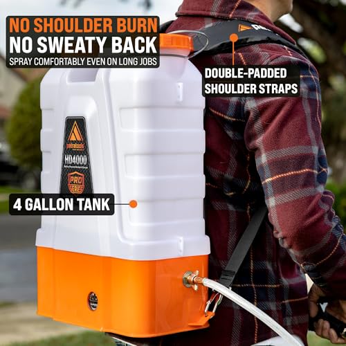 PetraTools HD4000 Battery Powered Backpack Sprayer, 8 Hr Runtime, 9 Nozzles | Electric Sprayer for Lawn & Garden w/ Battery Meter, Adjustable 90 PSI & Padded Straps - For Weed/Pest Control, Fertilizing - style: HD4000 Pro Series