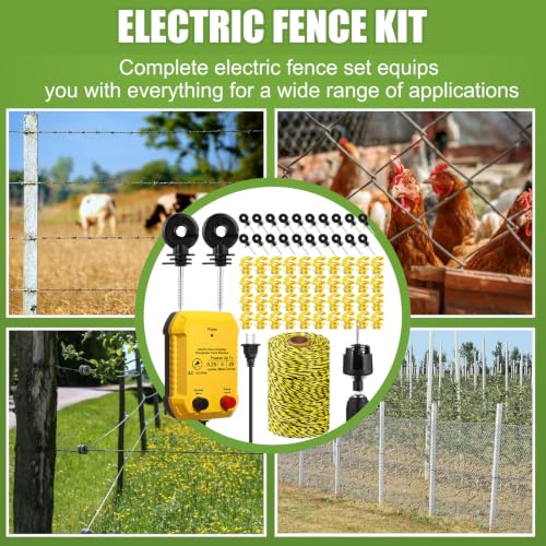 Electric Fence Kit, 0.25j Charger 656ft Wire 60 Insulators | 5 Mile 110V Plug in Electric Fence, Polywire for Livestock Horse Cattle Poultry, T Post Screw Insulators, Farm Pasture - size: 656FT, style: 0.25J