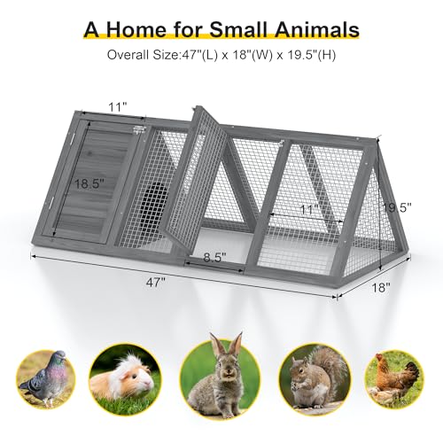Rabbit Hutch, Small A-Frame Chicken Coop Outdoor w/ 2 Door & Run Cage(Gray) | Wooden Triangle Quail Hutch w/ Ventilating Wire Poultry Hutch for Small Animal Quail Cage Backyard - color: Gray