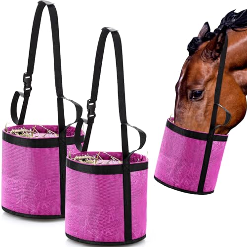 2 Pcs Horse Feed Bag, Heavy Duty Mesh Feeder with Adjustable Strap, Pink | Hay Bag, Grazing Muzzle, Slow Feeder, Trail Riding, Stall Use, Equine, Waterproof Bottom, Breathable Mesh, Padded Neck - color: Pink