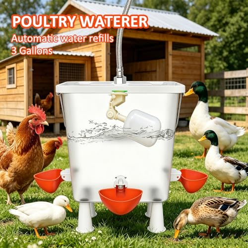 Automatic Chicken Waterer with Float Valve 3 Gallon Poultry Water Dispenser | Elevated Self-Filling Water Feeder Cup for Hens, Ducks, Quails Chicken Coop