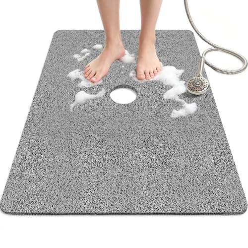 Shower Mat Non Slip, 32" x 24" Large Soft Loofah Shower Mats for Inside Shower with Drain Hole in Middle, Anti Slip Shower Floor Mat for Elderly, Quick Drying, Grey - size: 32" x 24" (Rectangular)