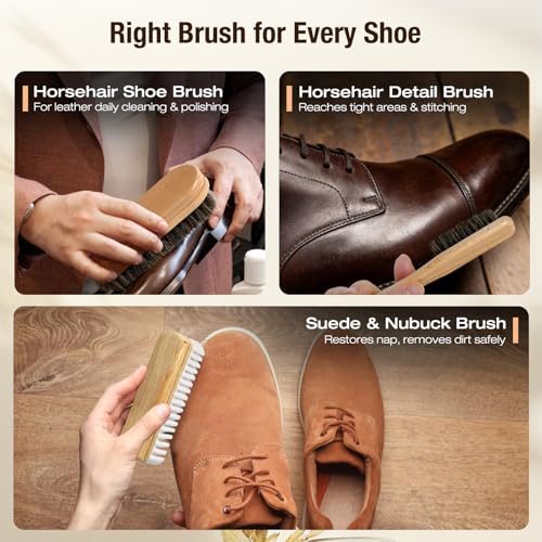 3Pcs Shoe Shine Kit, 2Pcs Horsehair Shoe Brush and a Suede Eraser | Horse Hair Brush for Leather, Suede Brush for Shoes, Shoe Care Set Cleans and Polishes Leather, Suede and Boots - size: 3PCS