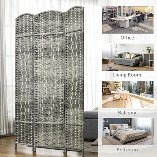 HOMCOM 3 Panel Room Divider 6 Ft Privacy Screen Hand-Woven Mixed Gray | Folding PP Wall Partition, Pine Wood Frame, Freestanding Room Separator, Bedroom Home Office, No Assembly - color: Mixed Gray, size: 3 Panel