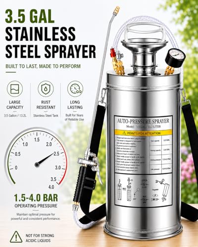 3.5 Gallon Stainless Steel Sprayer, Hand Metal Pump Up Sprayer Reinforced Hose with Pressure Gauge, Safety Valve & Adjustable Nozzle, Garden Weed Sprayers for Lawn, Gardening, Sanitizing - style: 3.5 Gal
