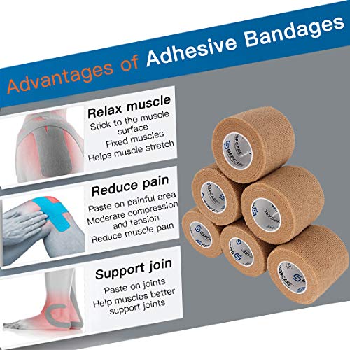 Self Adherent Cohesive Bandages Wrap 6 Count 2" x 5 Yards, Medical Tape, Adhesive Flexible Breathable First Aid Non Woven Rolls, Stretch Athletic, Ankle Sprains & Swelling, Sports - color: Beige, size: 6 Count (Pack of 1)