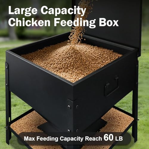 Metal Chicken Feeder No Waste, Large Capacity Poultry Feeder, Adjustable Galvanized Steel Chicken Coop Feeder with Lid and Handle