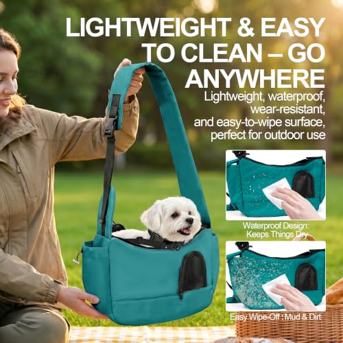 Dog Carrier Sling for Small Dogs & Cats Hand-Free Puppy Sling Purses with Storage Bag and Adjustable Shoulder Strap, Pet Sling Carrier Up to 8.8 Lbs (Blue) | Padded adjustable strap, safety tether, breathable mesh openings and two expandable pockets add c