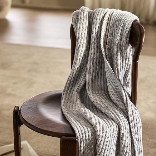 BOLL & BRANCH Sunday Throw Blanket, 70" x 45", Shore/Heathered Oatmeal | 100% Organic Luxury Cotton, Plush Ribbed Knit, Sweater-Like Softness